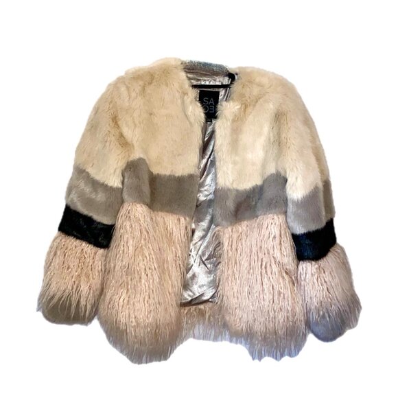 😊SAGE Color Faux Fur Jacket Color Block Ivory, Gray, Black, Pink Sz S EUC - Picture 13 of 13